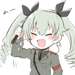 Rule 34 | 10s, 1girl, anchovy (girls und panzer), bad id, bad twitter id, black shirt, blush, chibi, dress shirt, drill hair, closed eyes, girls und panzer, green hair, grey jacket, hair ribbon, itomugi-kun, jacket, long hair, long sleeves, lowres, military, military uniform, necktie, open mouth, pointer, ribbon, riding crop, shirt, smile, solo, twin drills, twintails, uniform, white background