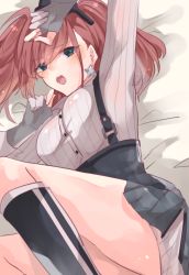 Rule 34 | 1girl, anchor hair ornament, atlanta (kancolle), bed, black hat, black skirt, brown hair, dress shirt, earrings, feet out of frame, garrison cap, grey eyes, hair ornament, hat, high-waist skirt, jewelry, kantai collection, long hair, long sleeves, looking at viewer, lying, on side, open mouth, round teeth, saiko (saisaka), shirt, skirt, solo, star (symbol), star earrings, teeth, two side up, upper teeth only, white shirt