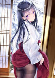 Rule 34 | 1girl, ass, bad id, bad pixiv id, black hair, black pantyhose, blush, closed mouth, commentary request, from behind, hakama, hakama skirt, highres, japanese clothes, kobayashi chisato, lifting own clothes, long hair, looking at viewer, looking back, panties, panties under pantyhose, pantyhose, purple eyes, red skirt, resolution mismatch, school uniform, shirt, skirt, solo, source smaller, standing, straight hair, thighband pantyhose, underwear, white shirt