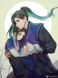 Rule 34 | 2boys, aged down, artist name, bamboo, bishounen, black footwear, black hair, black pants, blue robe, boots, brown eyes, carrying, child, chinese clothes, chinese commentary, chu wanning, closed mouth, commentary request, erha he tadebai mao shizun, floating hair, frown, green background, hair between eyes, hair ornament, high ponytail, highres, knee boots, kneeling, long hair, long sleeves, male focus, mo ran, multiple boys, on one knee, pants, parted bangs, parted lips, ponytail, princess carry, puffy long sleeves, puffy sleeves, purple eyes, raised eyebrows, robe, sheng3 3, sidelocks, simple background, weibo logo, weibo watermark, white background, white pants, xia sini