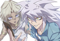 Rule 34 | 2boys, black shirt, blonde hair, blue shirt, card, chain, dark-skinned male, dark skin, earrings, grin, hair between eyes, holding, holding card, jewelry, long hair, looking at another, makeup, male focus, marik ishtar, multiple boys, open mouth, pointy hair, purple eyes, purple shirt, shirt, simple background, sleeveless, sleeveless shirt, smile, spiked hair, striped clothes, striped shirt, t-shirt, talgi, upper body, white background, yami bakura, yellow eyes, yu-gi-oh!, yu-gi-oh! duel monsters