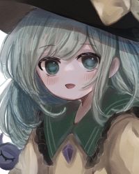 Rule 34 | 1girl, :d, absurdres, black hat, blush, bow, commentary request, dorowa (drawerslove), frilled shirt collar, frills, green eyes, green hair, hat, hat bow, highres, komeiji koishi, long hair, looking at viewer, open mouth, shirt, simple background, smile, solo, swept bangs, third eye, touhou, upper body, white background, yellow bow, yellow shirt