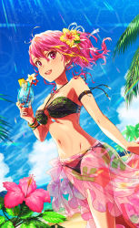 Rule 34 | 1girl, armlet, bad id, bad pixiv id, bandeau, beach, bikini, black bikini, blonde hair, blue sky, blurry, blurry background, bracelet, breasts, commentary request, cup, day, depth of field, drinking straw, dutch angle, earrings, flower, food, fruit, groin, hair flower, hair ornament, hair ribbon, hibiscus, highres, holding, holding cup, horizon, idolmaster, idolmaster million live!, jewelry, lens flare, light rays, looking at viewer, maihama ayumu, medium breasts, medium hair, multicolored hair, navel, o-ring, open mouth, outdoors, palm tree, partial commentary, pineapple, pineapple slice, pink eyes, pink flower, pink hair, ponytail, red flower, ribbon, sarong, see-through, shiro (ongrokm), sky, smile, solo, standing, star (sky), starry sky, swimsuit, tan, tree, white ribbon, wind, yellow flower