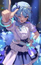 Rule 34 | 1girl, ;d, arm up, blouse, blue eyes, blue hair, foreshortening, from above, hair between eyes, hand on own hip, highres, hololive, hololive idol uniform (bright), hoshimachi suisei, idol, jacket, medium hair, one eye closed, open mouth, shirt, side ponytail, skirt, smile, solo, tiara, uuroncha, virtual youtuber