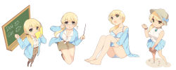 Rule 34 | 1girl, :d, :o, adapted costume, adjusting eyewear, aged down, alternate costume, animal print, bad id, bad pixiv id, bag, bare legs, barefoot, bespectacled, bikini, blonde hair, blouse, blue bikini, blue bow, blue jacket, blue skirt, blush, book, bow, breasts, brown footwear, brown legwear, brown skirt, cat, cat print, chalkboard, choker, cleavage, closed mouth, collarbone, covering own mouth, dog, ellen baker, english text, eyebrows, flower, from above, glasses, green eyes, hair ornament, hair scrunchie, hand on own arm, handbag, hat, hat bow, highres, hmniao, holding, holding another&#039;s arm, holding book, holding own arm, jacket, jewelry, lace, lace-trimmed shirt, lace trim, long hair, long sleeves, looking at viewer, looking down, looking up, miniskirt, multiple views, new horizon, off shoulder, open book, open mouth, pencil skirt, pendant, pink flower, pleated skirt, pointer, ponytail, scrunchie, shirt, shoes, simple background, sitting, skirt, sleeveless, sleeveless shirt, smile, spread legs, standing, striped bikini, striped clothes, swimsuit, teacher, watch, white background, white footwear, white shirt, wristwatch