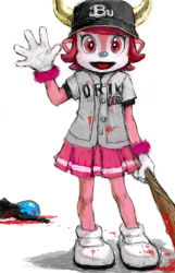 Rule 34 | 1girl, bad id, bad pixiv id, baseball bat, blood, buffalo bell, clothes writing, nippon professional baseball, open mouth, orix buffaloes, pink eyes, pink hair, pleated skirt, ponsuke (pon00000), red eyes, short hair, simple background, skirt, smile, solo