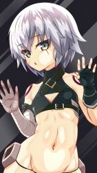 Rule 34 | 1girl, against fourth wall, against glass, arm belt, bandaged arm, bandages, black panties, blush, breasts, cheek squash, facial scar, fate/apocrypha, fate/grand order, fate (series), glass, green eyes, highres, jack the ripper (fate/apocrypha), looking at viewer, navel, open mouth, panties, robisonjr, scar, scar across eye, scar on cheek, scar on face, short hair, shoulder tattoo, silver hair, small breasts, solo, tattoo, underwear