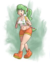Rule 34 | 1girl, abstract background, backpack, bag, breasts, brown eyes, dinosaur girl, earrings, female focus, front, full body, genderswap, green hair, green tail, huge breasts, jewelry, mario (series), nintendo, orange shoes, orange shorts, ponytail, saf-404, saf 404, shorts, tail, thick thighs, thighs, tongue, tongue out, walking, white background, yoshi