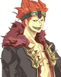 Rule 34 | 1boy, eustass kid, fur trim, goggles, goggles on head, male focus, one piece, open clothes, open shirt, pirate, red hair, sabaody archipelago, shirt, smile, solo