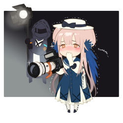 Rule 34 | 1girl, 1other, arknights, black bow, black jacket, blue dress, blue feathers, blush, bow, brown eyes, camera, ceylon (arknights), chibi, commentary request, doctor (arknights), dress, feather hair, feathers, full body, gloves, hat, hat bow, heart, heart-shaped pupils, holding, holding camera, hood, hooded jacket, jacket, long hair, long sleeves, nose blush, petticoat, pink hair, salmon88, standing, symbol-shaped pupils, very long hair, white gloves, white headwear