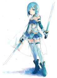 Rule 34 | 10s, 1girl, armband, bad id, bad pixiv id, belt, blue eyes, blue hair, cape, dual wielding, fortissimo, gloves, hair ornament, hairclip, highres, holding, icicle27, magical girl, mahou shoujo madoka magica, mahou shoujo madoka magica (anime), mahou shoujo madoka magica movie 1 &amp; 2, matching hair/eyes, miki sayaka, musical note, musical note hair ornament, short hair, simple background, solo, sword, thighhighs, weapon, white background, zettai ryouiki
