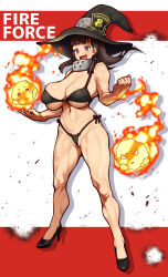 Rule 34 | 1girl, abs, absurdres, bare shoulders, biceps, bikini, black bikini, black hat, blush, breasts, brown hair, cleavage, collar, en&#039;en no shouboutai, fireball, full body, hat, high heels, highres, large breasts, long hair, looking at viewer, maki oze, metal collar, muscular, muscular female, navel, nikuatsu magician shinbo, open mouth, ponytail, purple eyes, sidelocks, smile, solo, swimsuit, thick thighs, thighs, witch hat