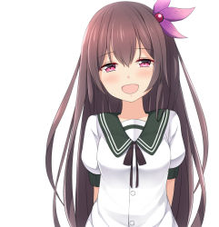 Rule 34 | 10s, 1girl, arms behind back, brown hair, hair ornament, hekomii, kantai collection, kisaragi (kancolle), long hair, looking at viewer, open mouth, red eyes, solo