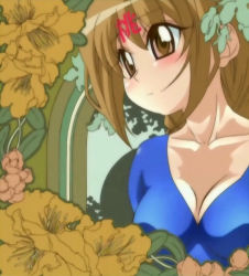 Rule 34 | 00s, 1girl, blue shirt, blush, breasts, brown eyes, brown hair, cleavage, collarbone, expressionless, flower, hibiscus, momose kurumi, pani poni dash!, plant, screencap, shirt, solo, stitched, third-party edit, upper body, window