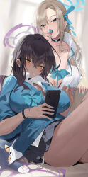 Rule 34 | 2girls, absurdres, ass, asuna (blue archive), black bra, black hair, blue archive, blue vest, blush, bra, bra visible through clothes, bracelet, breasts, candy, cleavage, collarbone, couch, dark-skinned female, dark skin, fingernails, food, gyaru, halo, highres, holding, holding candy, holding food, holding phone, huge breasts, jewelry, karin (blue archive), knee up, kogal, lemoneko, light brown hair, lollipop, long hair, looking at viewer, miniskirt, mole, mole on breast, mouth hold, multiple girls, nail polish, on couch, open collar, phone, school uniform, side-tie peek, sitting, skirt, stuffed animal, stuffed cat, stuffed toy, sweatdrop, sweater vest, tongue, tongue out, underwear, very long hair, vest
