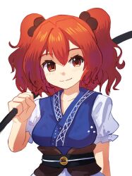 Rule 34 | 1girl, black sash, breasts, brown sash, closed mouth, coin, coin on string, commentary request, hair bobbles, hair ornament, happy, highres, holding, holding scythe, medium breasts, medium hair, obi, obidome, onozuka komachi, plus2sf, puffy short sleeves, puffy sleeves, red eyes, red hair, sash, scythe, shirt, short sleeves, simple background, smile, solo, touhou, two side up, white background, white shirt