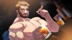 Rule 34 | 1boy, alcohol, another eidos-r, bara, bart (another eidos), beard, blue eyes, blurry, blurry background, brown hair, cigarette, cup, eyepatch, facial hair, holding, holding cigarette, holding cup, hrio (orenoaluze), large pectorals, male focus, manly, multicolored hair, muscular, muscular male, nipples, official art, one eye covered, open mouth, pectorals, solo, thick eyebrows, two-tone hair, upper body, white hair