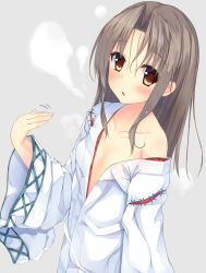 Rule 34 | 10s, 1girl, blush, brown eyes, fanning face, flat chest, fujieda uzuki, hair down, highres, japanese clothes, kantai collection, light brown hair, long hair, looking at viewer, off shoulder, open mouth, simple background, solo, steam, sweat, wet, wet hair, zuihou (kancolle)
