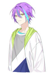Rule 34 | 1boy, aqua hair, arms at sides, closed mouth, commentary, hair between eyes, hk (wgyz7222), jacket, kamishiro rui, looking at viewer, male focus, multicolored hair, open clothes, open jacket, project sekai, purple hair, short hair, simple background, solo, streaked hair, two-tone hair, upper body, white background, yellow eyes