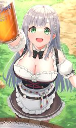 Rule 34 | 1girl, :d, alcohol, beer, beer mug, black bow, black neckwear, blunt bangs, bow, breasts, cleavage, commentary request, copyright name, cup, detached collar, detached sleeves, flower, grass, green eyes, hair flower, hair ornament, highres, holding, holding cup, hololive, large breasts, long hair, mitsuria (kanesho1102), mug, open mouth, shirogane noel, shirogane noel (dirndl), smile, solo, table, tablecloth, teeth, upper teeth only, virtual youtuber, white hair