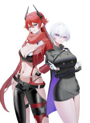 Rule 34 | + +, 2girls, arms under breasts, black cape, black gloves, blue eyes, blush, breasts, cape, chaps, cleavage, closed mouth, crop top, cropped jacket, dress, fingerless gloves, gloves, goddess of victory: nikke, guriddopitto, headgear, highres, jacket, large breasts, liliweiss (nikke), long hair, looking at viewer, military uniform, multiple girls, navel, orange eyes, purple cape, purple eyes, red hair, red hood (nikke), red jacket, red scarf, scarf, short hair, simple background, smile, star-shaped pupils, star (symbol), symbol-shaped pupils, tight clothes, tight dress, two-sided cape, two-sided fabric, uniform, white background, white gloves, white hair