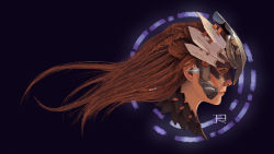 Rule 34 | 1girl, aloy (horizon), alternate hair color, braid, brown hair, commentary, drawingislife92, english commentary, forehead protector, from side, green eyes, helmet, highres, horizon (video game), horizon zero dawn, lips, long hair, looking afar, looking at viewer, nose, realistic, side braids, solo