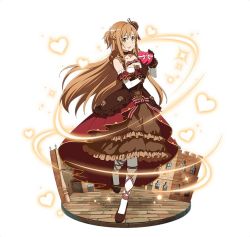 Rule 34 | 1girl, :d, asuna (sao), box, breasts, brown dress, brown eyes, brown footwear, brown gloves, brown hair, cleavage, collarbone, detached sleeves, dress, faux figurine, floating hair, frilled dress, frills, full body, gloves, heart, heart-shaped box, layered dress, leg ribbon, looking at viewer, medium breasts, official art, open mouth, pantyhose, purple eyes, ribbon, simple background, smile, solo, striped ribbon, sword art online, white background, white pantyhose