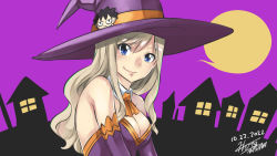 Rule 34 | 1girl, 2022, blonde hair, blue eyes, breasts, cleavage, detached collar, eden&#039;s zero, halloween, hat, highres, large breasts, long hair, mashima hiro, official art, purple hat, purple sky, rebecca bluegarden, sky, smile, solo, witch hat