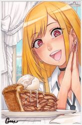 Rule 34 | 1girl, apple pie, blush, collarbone, commentary, earrings, english commentary, fingernails, food, happy, heart, heart-shaped pupils, highres, jewelry, kitagawa marin, omar dogan, open mouth, orange hair, pie, plate, smile, solo, sono bisque doll wa koi wo suru, symbol-shaped pupils, teeth, tongue, whipped cream, window
