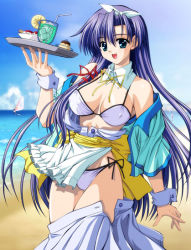 Rule 34 | 1girl, :d, amatsuki aruto, apron, aqua eyes, beach, bikini, bikini under clothes, blue hair, breasts, breasts apart, cleavage, clothes pull, covered erect nipples, day, detached collar, drink, drinking straw, food, green eyes, hair ribbon, hairband, holding, large breasts, long hair, looking at viewer, misato izumi, neck ribbon, ocean, off shoulder, open clothes, open mouth, open shirt, open skirt, outdoors, pleated skirt, pudding, ribbon, sarong, sash, sex partner (lipstick), shirt, side-tie bikini bottom, skirt, skirt pull, smile, solo, standing, string bikini, swimsuit, swimsuit under clothes, tray, tress ribbon, very long hair, waist apron, waitress, water, white bikini, wrist cuffs