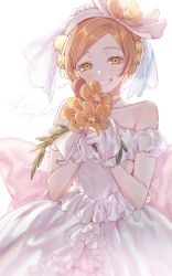 Rule 34 | 1girl, absurdres, bare shoulders, bouquet, dress, facing viewer, flower, gloves, green eyes, half-closed eyes, highres, hoshizora rin, io (sinking=carousel), looking at viewer, love live!, love live! school idol project, love wing bell, microphone, orange hair, short hair, smile, solo, white dress, white gloves