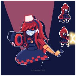 Rule 34 | 1girl, alarm siren, arm cannon, artist name, black background, black dress, borrowed character, commentary, dress, english commentary, firing, grin, heterochromia, joints, long hair, mimi-sentry, multiple views, original, personification, pixel art, pixeldominus, red eyes, red hair, robot, robot girl, robot joints, sharp teeth, simple background, smile, team fortress 2, teeth, weapon, yellow eyes
