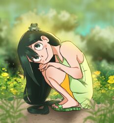Rule 34 | 1girl, animal, animal on head, artist name, asui tsuyu, bare shoulders, boku no hero academia, bow-shaped hair, closed mouth, day, dress, flower, frog, frog on head, from side, green dress, green eyes, green footwear, green hair, hands on own knees, happy, highres, long hair, looking at viewer, lyneriii, on head, outdoors, sandals, shorts, signature, smile, solo, squatting, yellow flower, yellow shorts