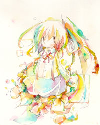 Rule 34 | 1girl, ahoge, bow, bowtie, colored pencil (medium), fish, flower, full body, kei774, long sleeves, looking at viewer, original, painting (medium), red bow, red bowtie, ribbon, short hair, simple background, sketch, skirt, solo, standing, traditional media, watercolor (medium), yellow background
