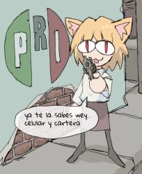 Rule 34 | animal ear fluff, black pantyhose, gun, highres, holding, holding weapon, meme, mexico, neco-arc, outdoors, pantsu-ripper, pantyhose, road, skirt, spanish commentary, spanish text, street, sweater, translated, tsukihime, wall, weapon, white sweater