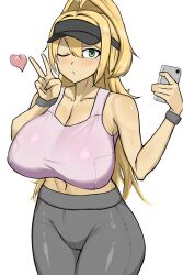 Rule 34 | 1girl, :o, absurdres, alternate costume, bare shoulders, blonde hair, blush, breasts, cellphone, cleavage, collarbone, goddess of victory: nikke, goma., green eyes, heart, highres, holding, holding phone, huge breasts, long hair, one eye closed, pants, parted lips, phone, pink sports bra, ponytail, rupee (nikke), selfie, smartphone, solo, sports bra, v, yoga pants