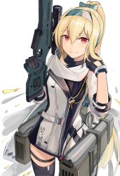 Rule 34 | 1girl, black gloves, black thighhighs, blonde hair, bolt action, closed mouth, commentary, corrupted twitter file, english commentary, gamryous, girls&#039; frontline, gloves, gun, hair between eyes, hands up, highres, holding, holding gun, holding weapon, jacket, long hair, long sleeves, looking at viewer, name connection, object namesake, red eyes, rifle, simple background, smile, smoke, sniper rifle, solo, standing, sv-98, sv-98 (girls&#039; frontline), sv-98 (mod3) (girls&#039; frontline), thighhighs, very long hair, weapon, white background, white jacket