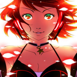Rule 34 | 1girl, breasts, face, female focus, gradient background, harayan, headphones, jewelry, meiko (vocaloid), necklace, red eyes, red hair, short hair, smile, solo, vocaloid, white background