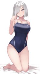 Rule 34 | 1girl, black one-piece swimsuit, blue eyes, blue one-piece swimsuit, blush, breasts, cleavage, collarbone, feet, full body, hair ornament, hair over one eye, hairclip, hamakaze (kancolle), highres, kantai collection, kneeling, large breasts, legs, looking at viewer, medium hair, one-piece swimsuit, parted lips, rokuwata tomoe, short hair, silver hair, simple background, solo, swimsuit, thighs, white background
