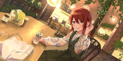 1girl absurdres blush bottle brick_wall brown_eyes brown_hair cac_itinose chair commentary_request cup disposable_cup dress drinking_straw dutch_angle flower green_dress hair_behind_ear hair_between_eyes hand_up highres holding holding_cup idolmaster idolmaster_shiny_colors indoors long_hair long_sleeves looking_at_viewer on_chair open_mouth osaki_tenka puffy_long_sleeves puffy_sleeves rose shirt sitting sleeveless sleeveless_dress smile solo table tucking_hair white_flower white_shirt yellow_flower yellow_rose