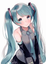 Rule 34 | 1girl, artist name, bare shoulders, black skirt, blue eyes, blue hair, blue necktie, blush, detached sleeves, flat chest, from above, grey shirt, hair between eyes, hanako151, happy, hatsune miku, highres, light particles, long hair, looking at viewer, looking up, necktie, pleated skirt, shirt, simple background, skirt, sleeveless, sleeveless shirt, smile, solo, twintails, upper body, very long hair, vocaloid, white background