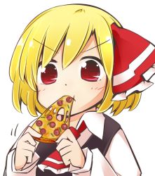 Rule 34 | &gt;:t, 1girl, :t, blonde hair, eating, food, hair ribbon, jagabutter, pizza, pizza slice, red eyes, ribbon, rumia, shirt, short hair, simple background, solo, touhou, v-shaped eyebrows, vest