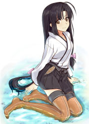 Rule 34 | 10s, 1girl, bad id, bad pixiv id, black hair, brown eyes, gradient background, hakama, hakama short skirt, hakama skirt, highres, japanese clothes, kantai collection, long hair, looking at viewer, low twintails, pallad, partially submerged, pleated skirt, shouhou (kancolle), sitting, skirt, smile, solo, thighhighs, twintails, water, yokozuwari