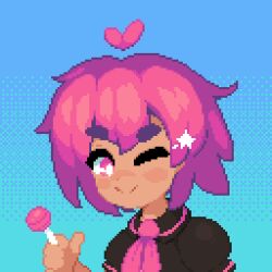 Rule 34 | 1girl, ahoge, black serafuku, blue background, blush, candy, delinquent, detached ahoge, dithered background, food, hair ornament, holding, holding candy, holding food, holding lollipop, lollipop, looking at viewer, minimilieu, nose blush, one eye closed, original, pink eyes, pink hair, pixel art, portrait, school uniform, serafuku, smile, solo, star (symbol), star hair ornament, thick eyebrows
