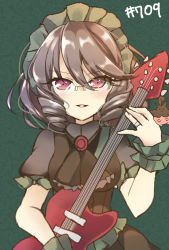 Rule 34 | 1girl, ascot, black ascot, blush, breasts, creatures (company), drill hair, eyebrows, eyelashes, game freak, gen 6 pokemon, glasses, green-framed eyewear, green background, grey hair, guitar, hair between eyes, holding, holding instrument, instrument, jewelry, medium breasts, nintendo, open mouth, ougi hina, personification, pink eyes, pokedex number, pokemon, puffy short sleeves, puffy sleeves, pumpkaboo, ring, short hair, short sleeves, solo, trevenant, wristband