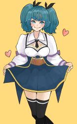 Rule 34 | 1girl, aqua eyes, aqua hair, assault lily, belt, black necktie, black ribbon, black thighhighs, blue skirt, blush, breasts, brown belt, closed mouth, collared shirt, commentary request, crossed legs, feet out of frame, hair ribbon, heart, highres, juliet sleeves, long sleeves, looking at viewer, medium breasts, miniskirt, mole, mole on neck, mole under mouth, necktie, odaiba girls high school uniform, pleated skirt, puffy sleeves, purple ribbon, ribbon, sally (allogkk), school uniform, shirt, short hair, simple background, skirt, skirt hold, sleeve ribbon, smile, solo, standing, suzuki chinami, thighhighs, twintails, watson cross, white shirt, yellow background