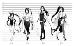 Rule 34 | 4girls, animal ears, ass, breasts, china dress, chinese clothes, cleavage, cloak, commentary, dress, flats, flower, fox ears, fox tail, full body, greyscale, hair flower, hair ornament, hair over one eye, height chart, high heels, highleg, highleg dress, highres, hu-er (robot cat), katana, long legs, looking at viewer, medium breasts, meiyu (robot cat), monochrome, multiple girls, original, pantyhose, robot cat (robotcatart), serin (robot cat), sheath, sheathed, shorts, side ponytail, side slit, single thighhigh, small breasts, snake, sword, tail, tangzhuang, thighhighs, weapon, wide sleeves, yuzu (robot cat)