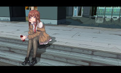 Rule 34 | 1girl, absurdres, belt, black footwear, black pantyhose, blue eyes, boots, bottle, brown hair, congarii, dress shirt, highres, holding, holding bottle, jacket, letterboxed, long hair, makise kurisu, necktie, off shoulder, pantyhose, red necktie, shirt, sidelocks, sitting, sitting on stairs, solo, stairs, steins;gate, train, train station, white shirt