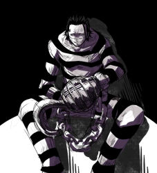 Rule 34 | 1boy, amputee, chain, crocodile (one piece), full body, grin, hook, impel down, looking at viewer, male focus, monochrome, one piece, pants, prison clothes, prisoner, scar, shirt, sitting, smile, solo, striped clothes, striped pants, striped shirt, teeth