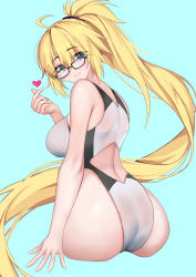 Rule 34 | 1girl, absurdres, ahoge, ass, back, bare shoulders, blonde hair, blue eyes, breasts, competition swimsuit, fate/grand order, fate (series), glasses, high ponytail, highleg, highleg swimsuit, highres, jacket, jeanne d&#039;arc (fate), jeanne d&#039;arc (swimsuit archer) (fate), jeanne d&#039;arc (swimsuit archer) (second ascension) (fate), large breasts, long hair, looking at viewer, looking back, mergerri, one-piece swimsuit, sitting, smile, solo, swimsuit, thighs, very long hair, white jacket